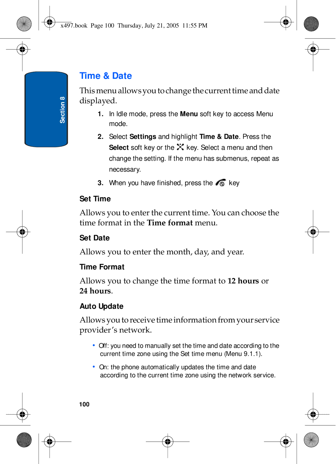 Samsung SGH-x497 manual Time & Date, Set Time, Set Date, Time Format, Auto Update 