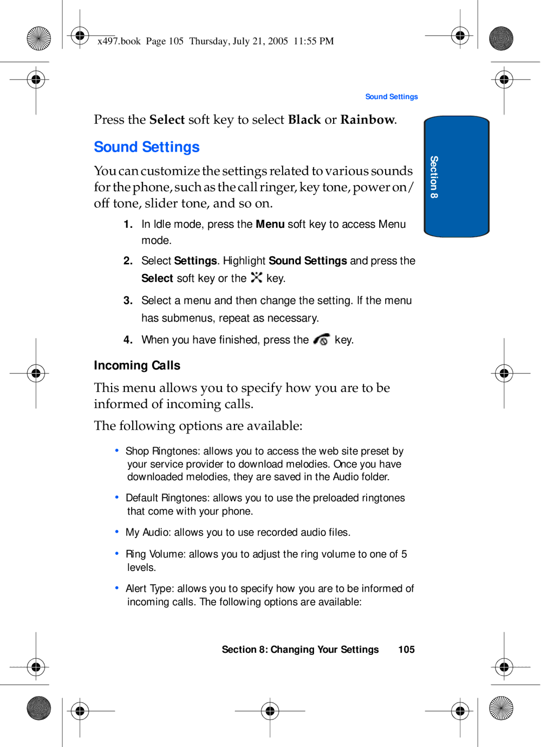 Samsung SGH-x497 manual Sound Settings, Incoming Calls, 105 