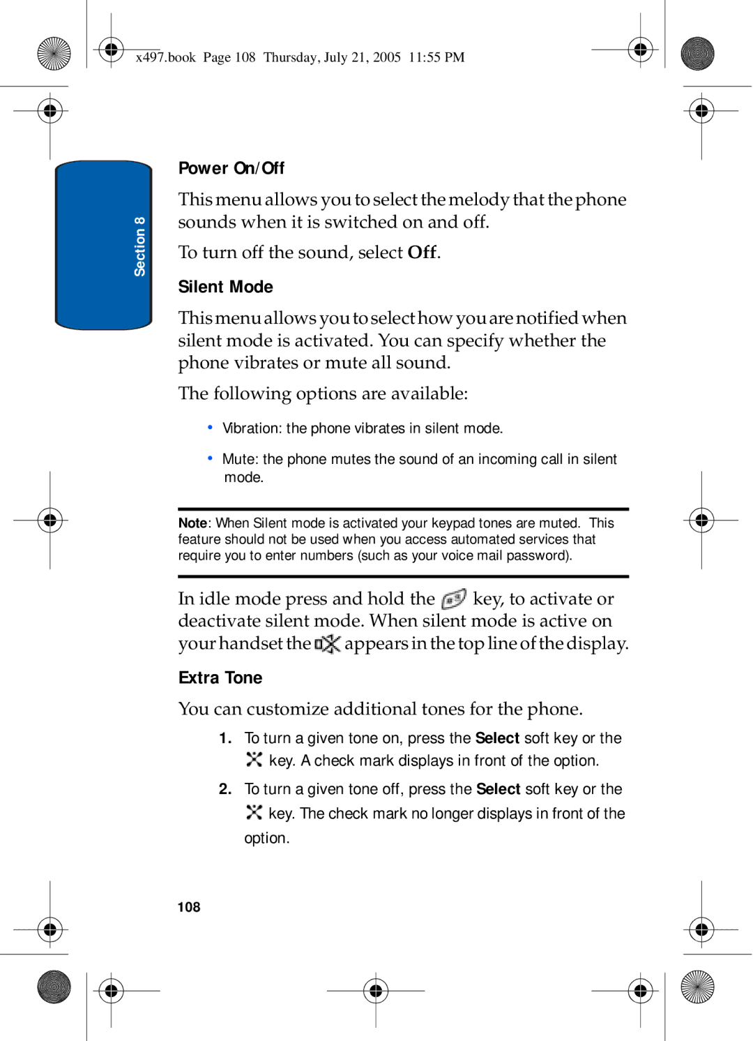 Samsung SGH-x497 manual Power On/Off, Silent Mode, Extra Tone, 108 