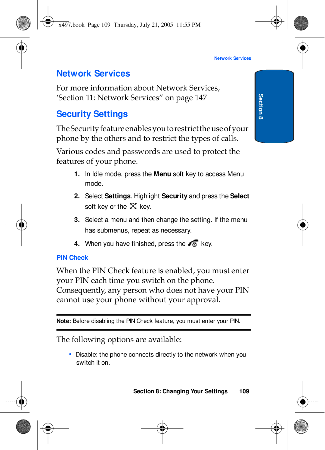 Samsung SGH-x497 manual Network Services, Security Settings, PIN Check, 109 