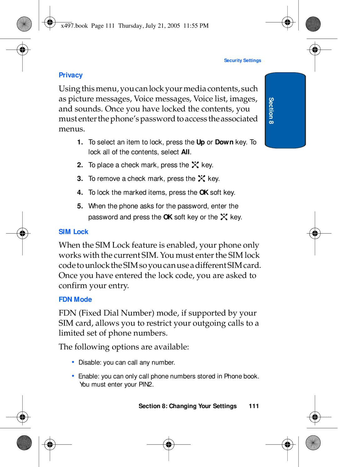 Samsung SGH-x497 manual Privacy, SIM Lock, FDN Mode, 111 