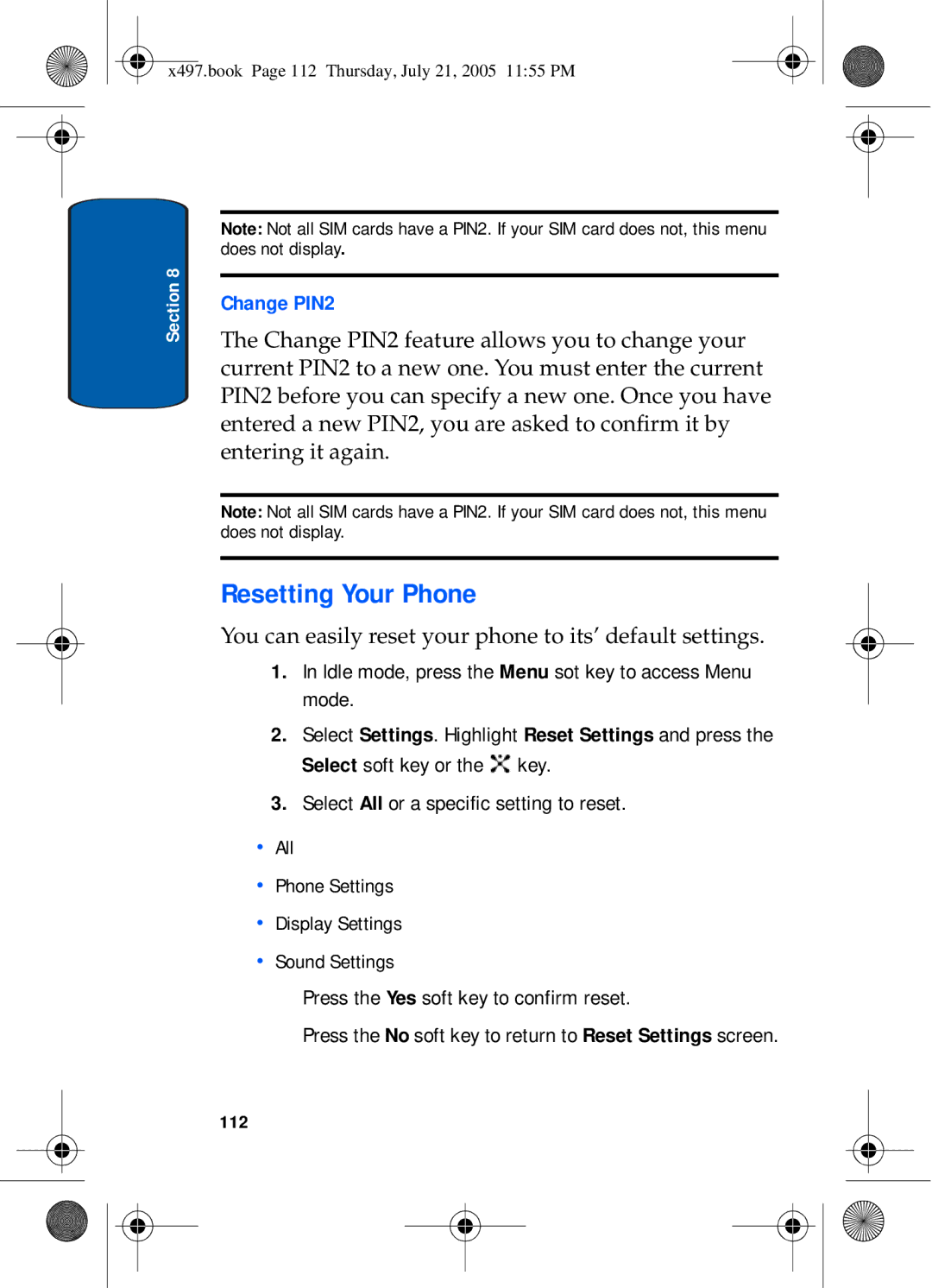 Samsung SGH-x497 manual Resetting Your Phone, Change PIN2, Idle mode, press the Menu sot key to access Menu mode, 112 