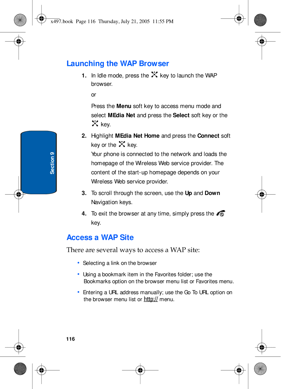 Samsung SGH-x497 manual Launching the WAP Browser, Access a WAP Site, 116 