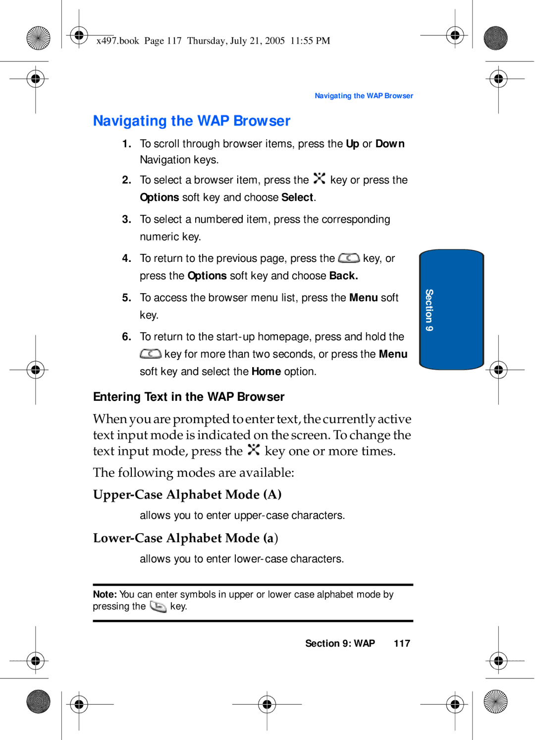 Samsung SGH-x497 Navigating the WAP Browser, Entering Text in the WAP Browser, Allows you to enter upper-case characters 