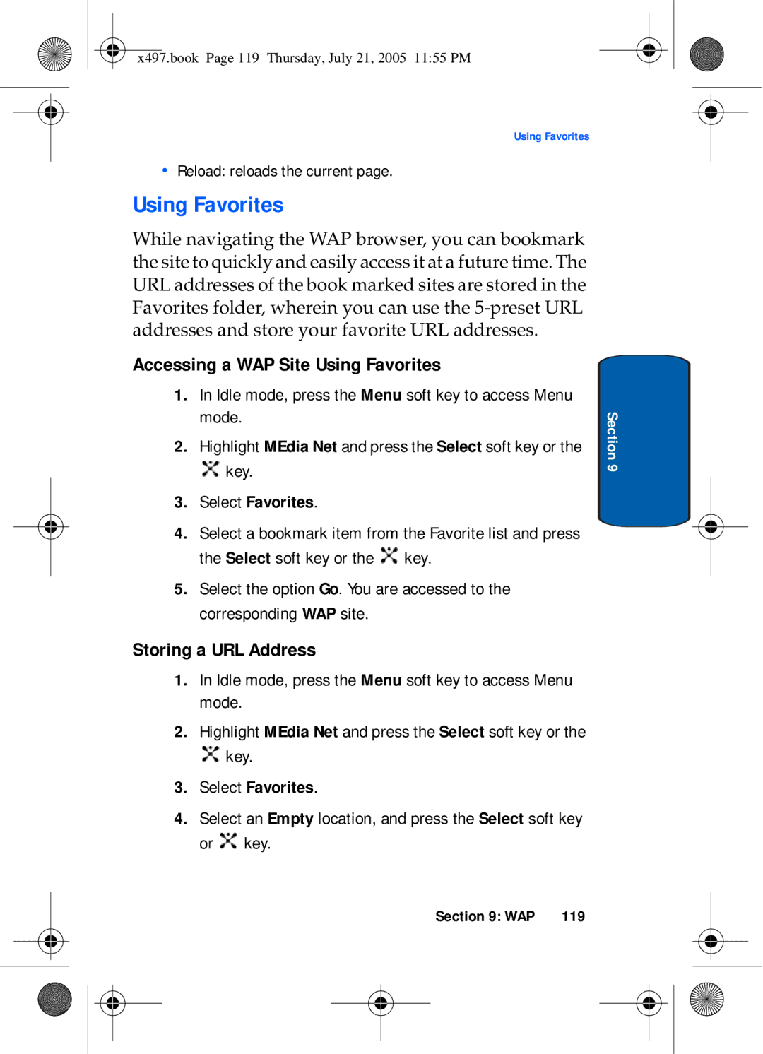 Samsung SGH-x497 manual Accessing a WAP Site Using Favorites, Storing a URL Address, Select Favorites 