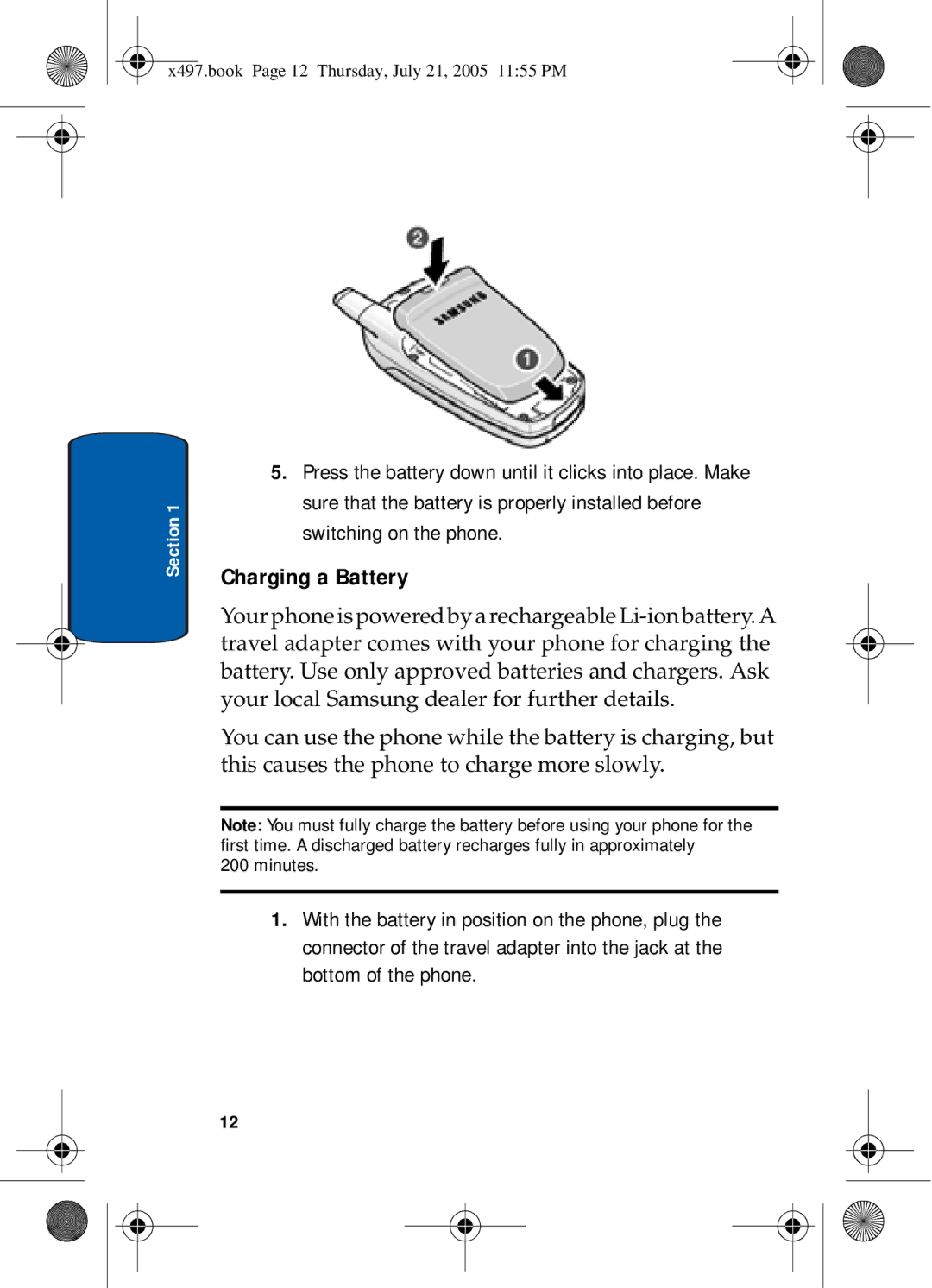 Samsung SGH-x497 manual Charging a Battery 