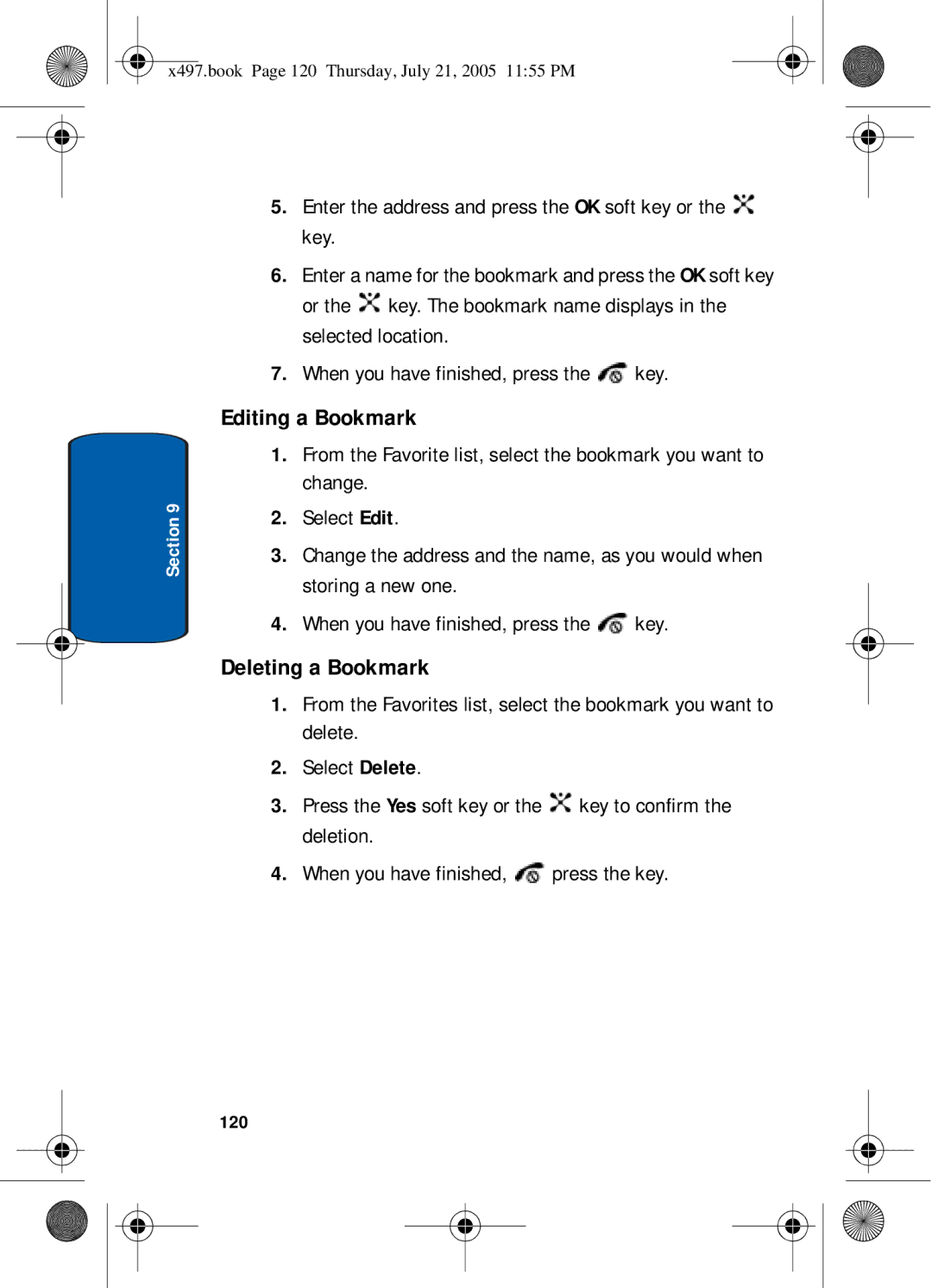 Samsung SGH-x497 manual Editing a Bookmark, Deleting a Bookmark, 120 