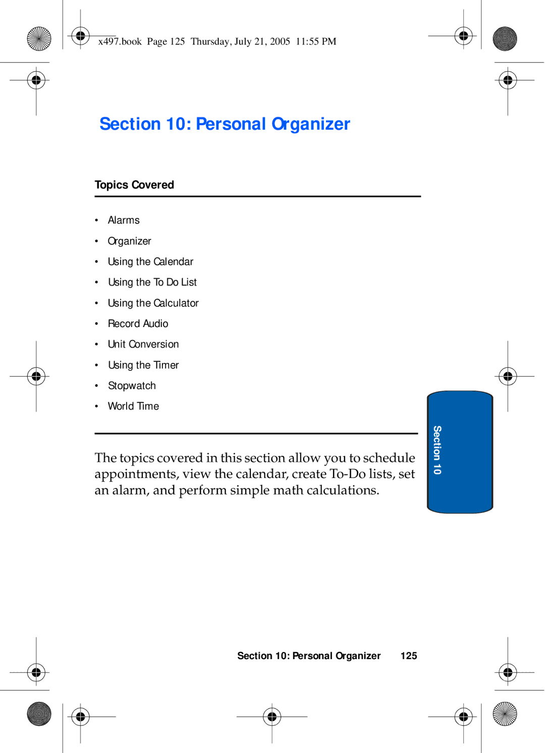 Samsung SGH-x497 manual Personal Organizer, 125 