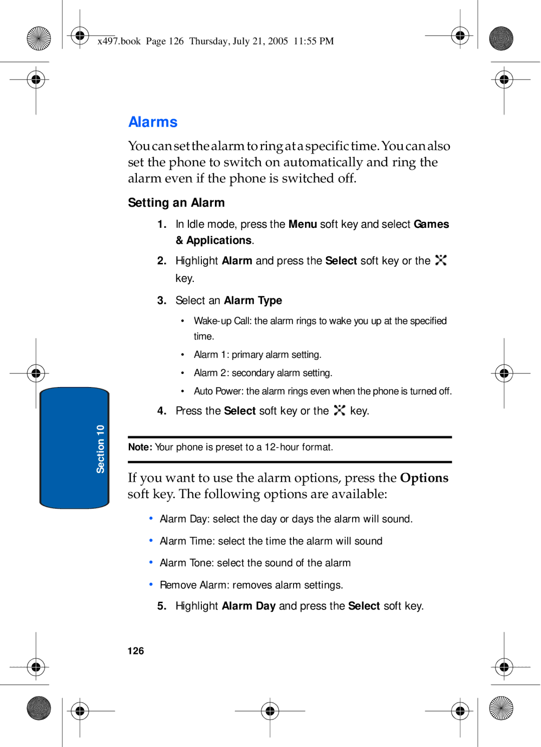 Samsung SGH-x497 manual Alarms, Setting an Alarm, Idle mode, press the Menu soft key and select Games, Applications 