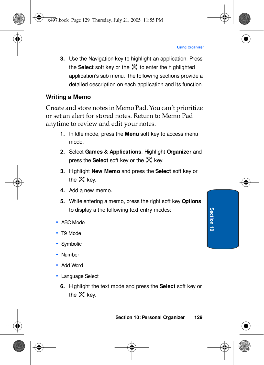 Samsung SGH-x497 manual Writing a Memo, 129 