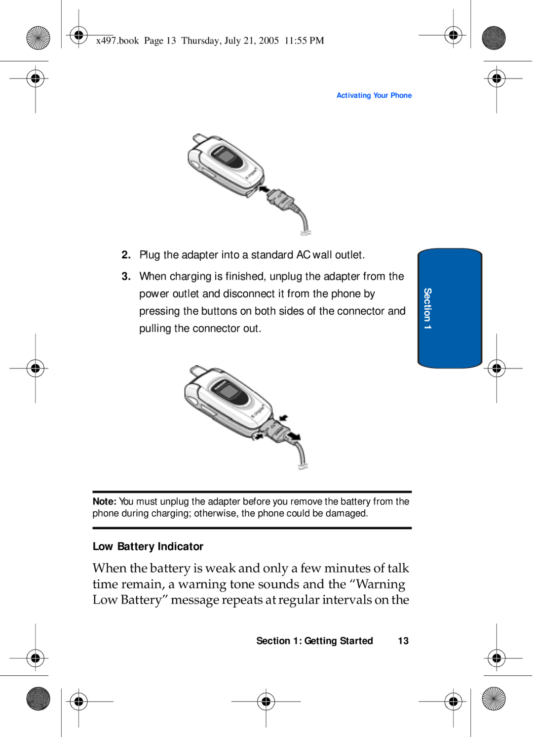 Samsung SGH-x497 manual Plug the adapter into a standard AC wall outlet, Low Battery Indicator 