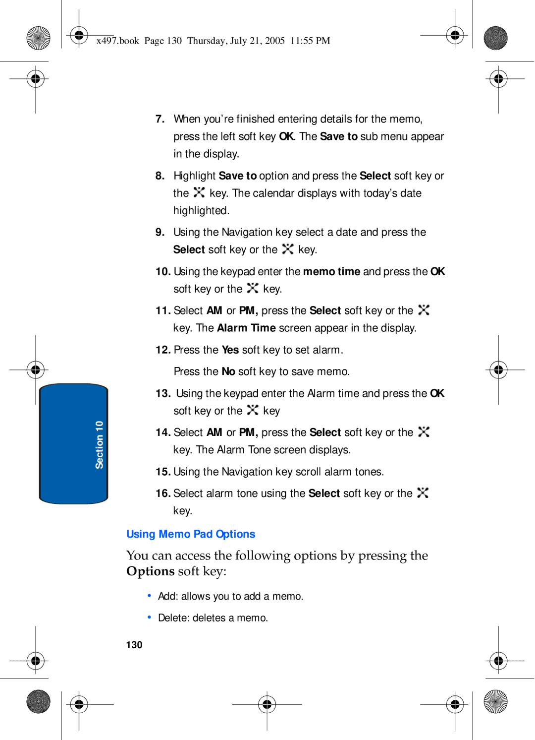 Samsung SGH-x497 manual Using Memo Pad Options, 130 