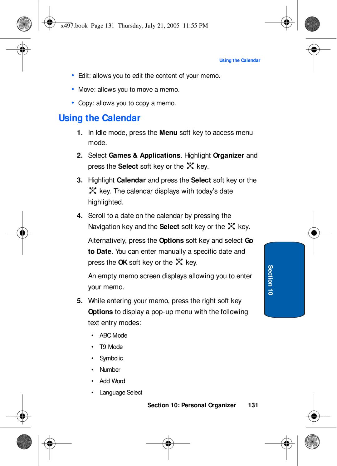 Samsung SGH-x497 manual Using the Calendar, Key. The calendar displays with today’s date highlighted, 131 