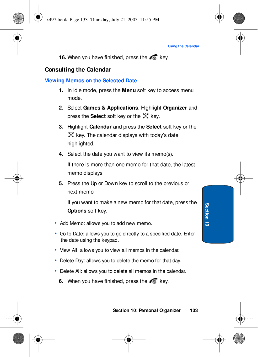 Samsung SGH-x497 manual Consulting the Calendar, Viewing Memos on the Selected Date, 133 