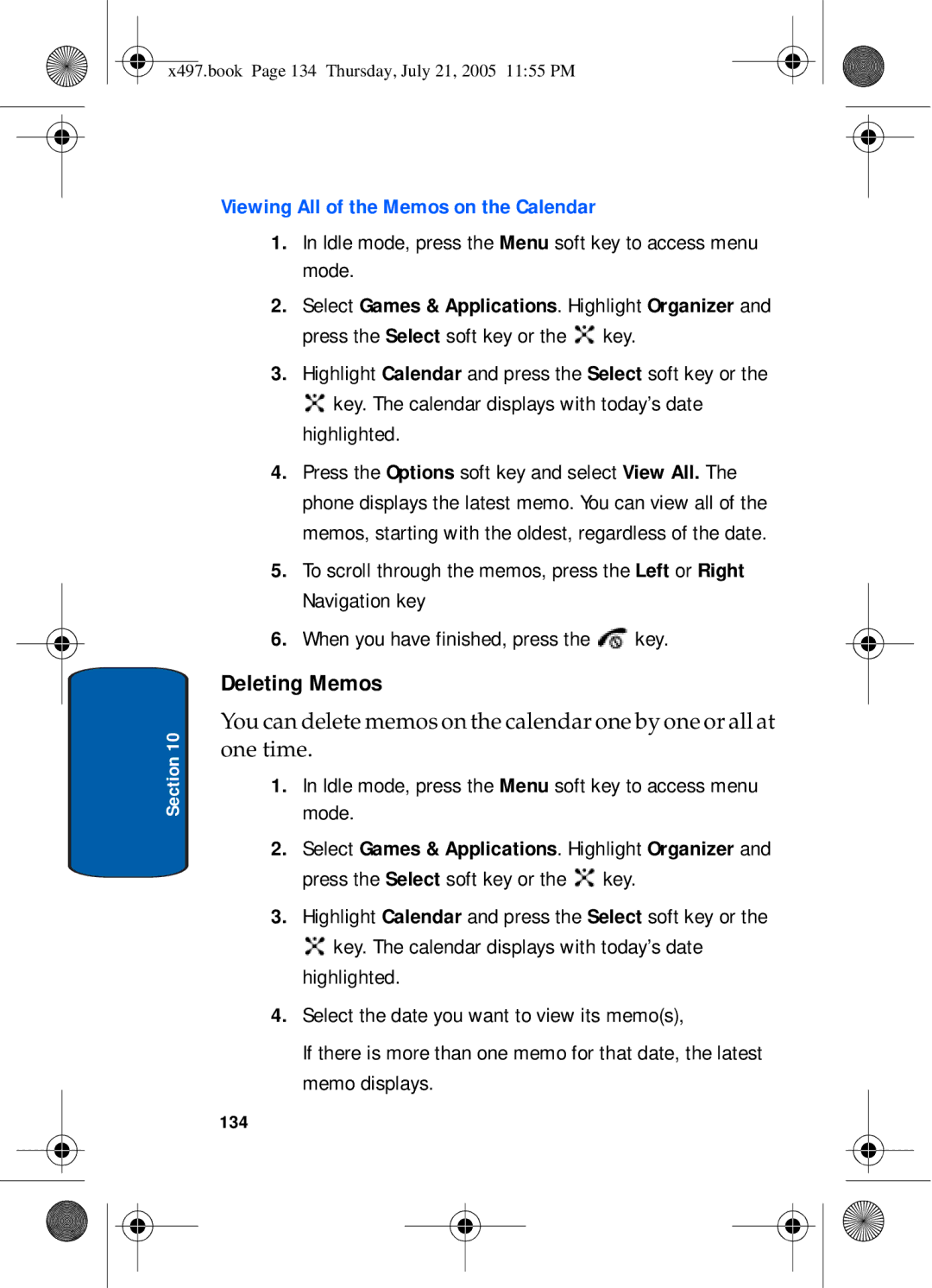 Samsung SGH-x497 manual Deleting Memos, Viewing All of the Memos on the Calendar, 134 