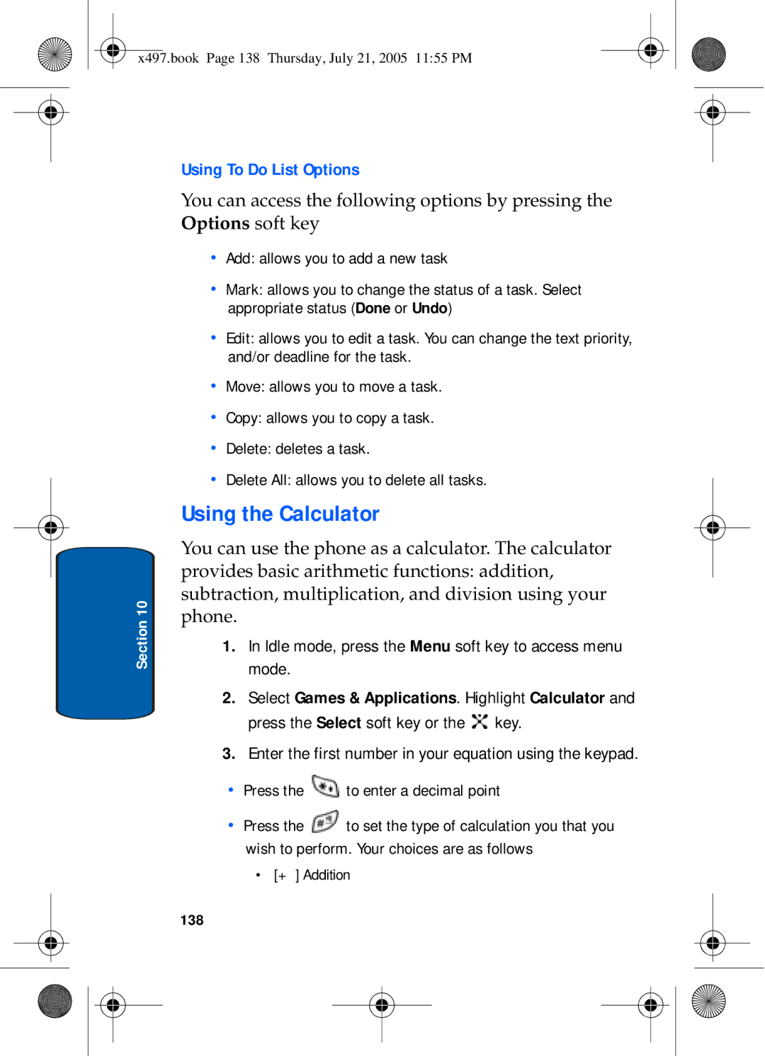 Samsung SGH-x497 Using the Calculator, Using To Do List Options, Enter the first number in your equation using the keypad 