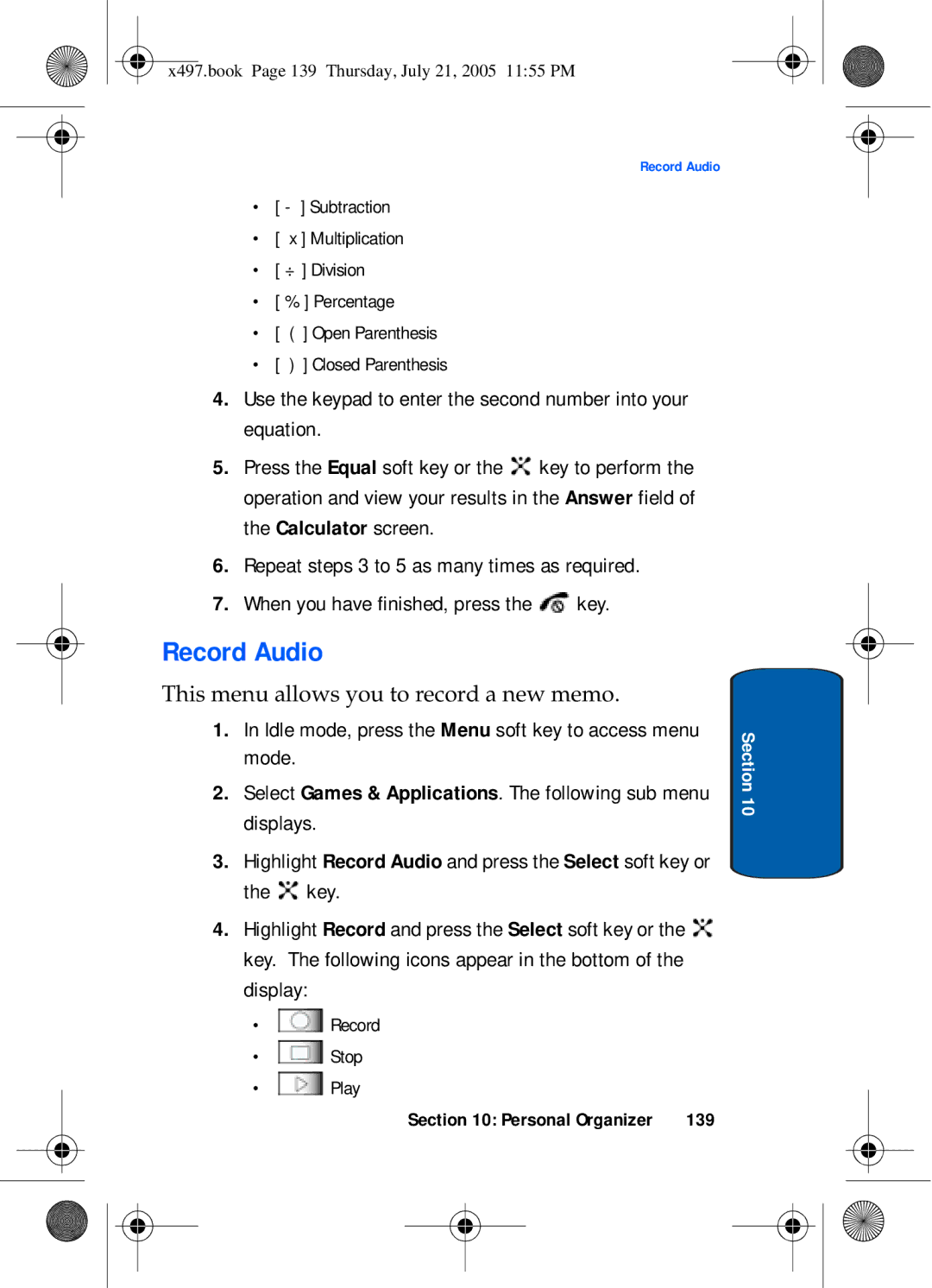 Samsung SGH-x497 manual Record Audio, 139 