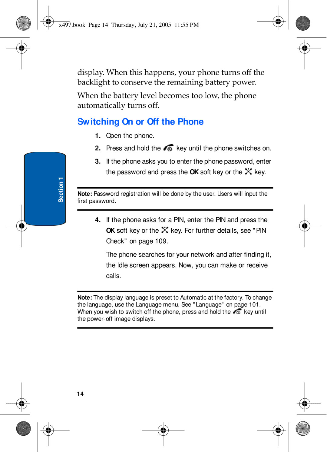 Samsung SGH-x497 manual Switching On or Off the Phone 