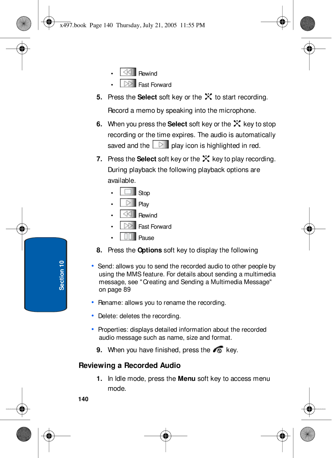 Samsung SGH-x497 manual Reviewing a Recorded Audio, Press the Options soft key to display the following, 140 