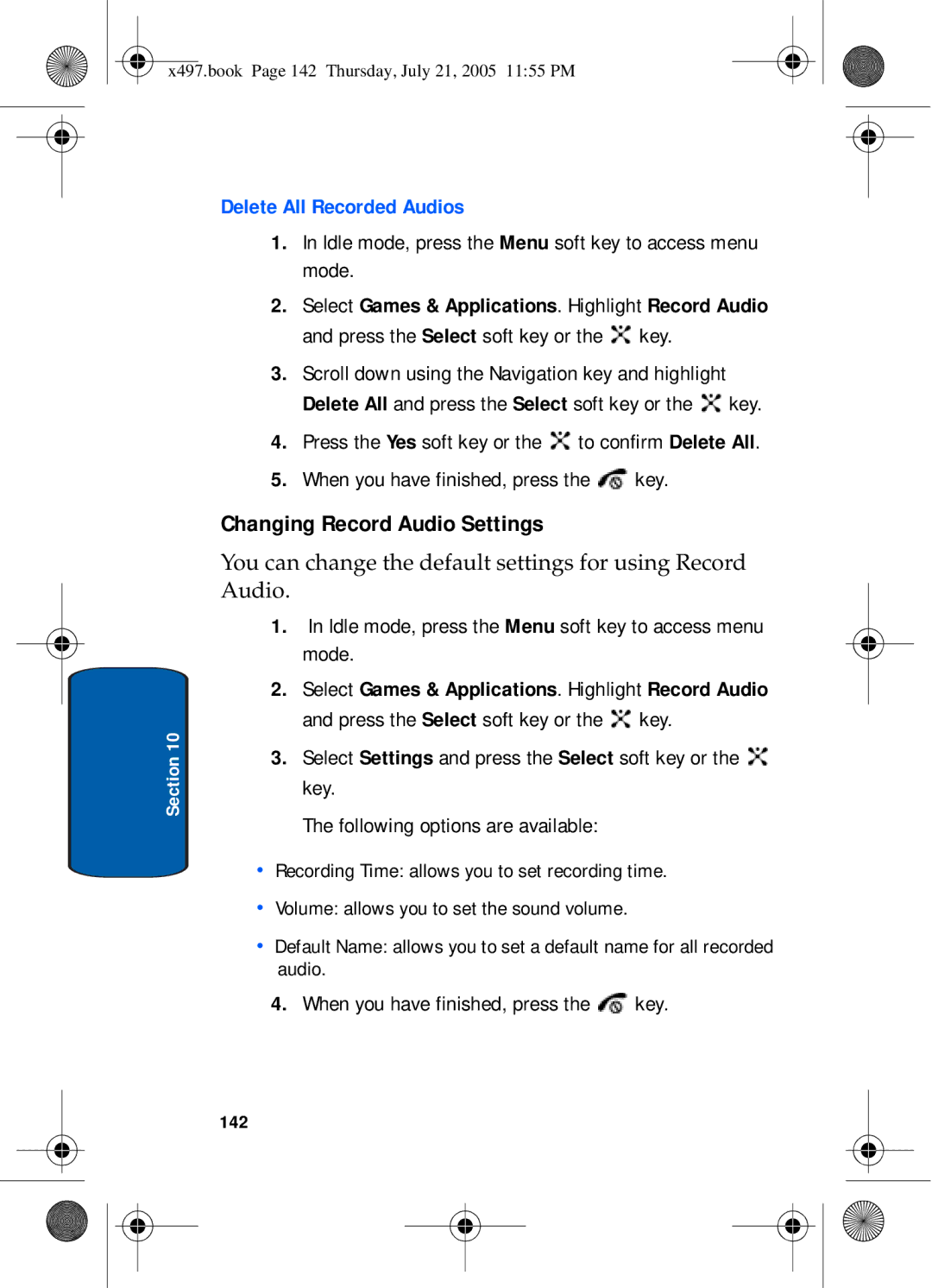 Samsung SGH-x497 manual Changing Record Audio Settings, Delete All Recorded Audios, 142 