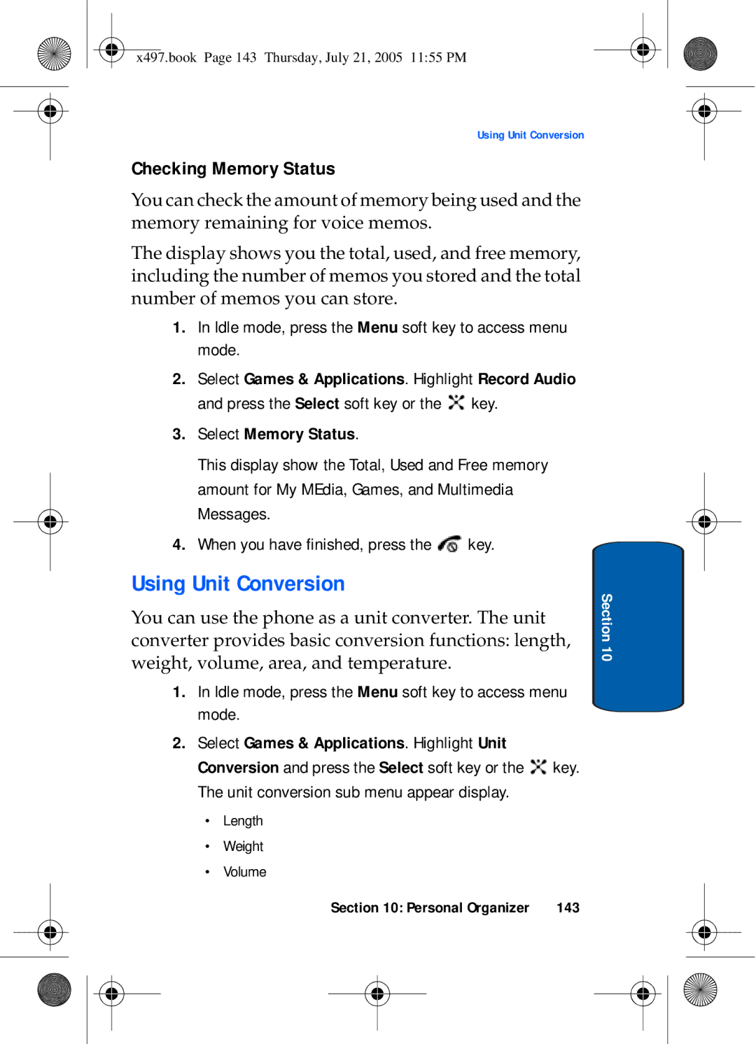 Samsung SGH-x497 manual Using Unit Conversion, Checking Memory Status, Select Memory Status, 143 