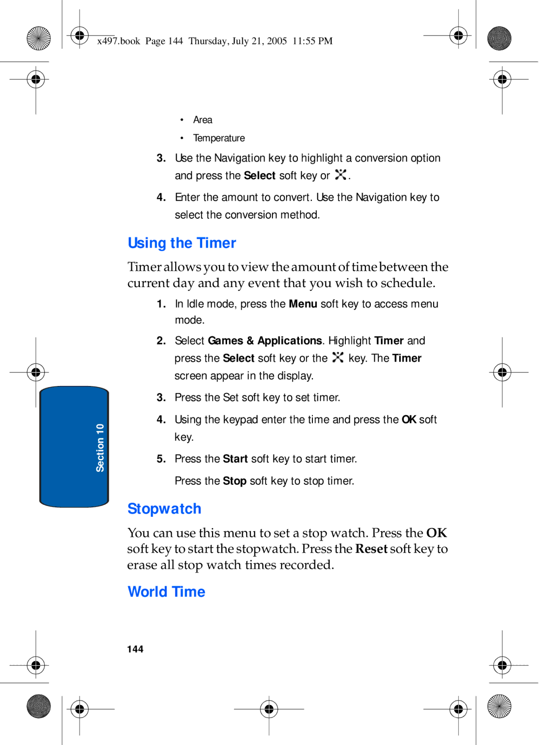 Samsung SGH-x497 manual Using the Timer, Stopwatch, World Time, 144 