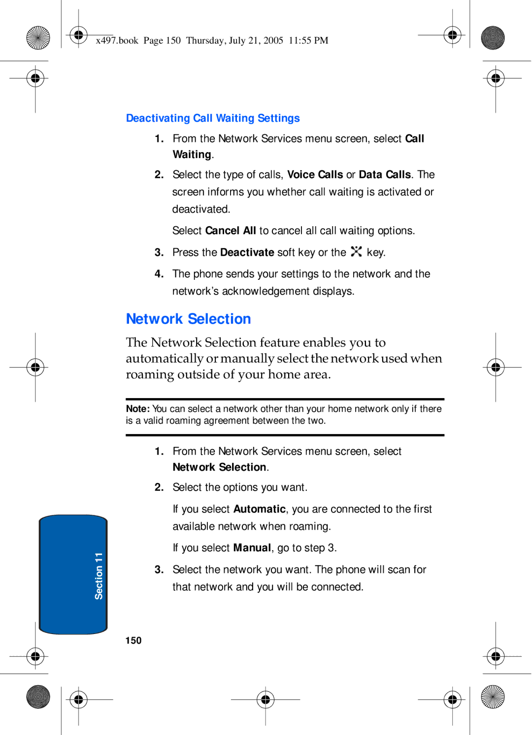 Samsung SGH-x497 manual Network Selection, Deactivating Call Waiting Settings, 150 