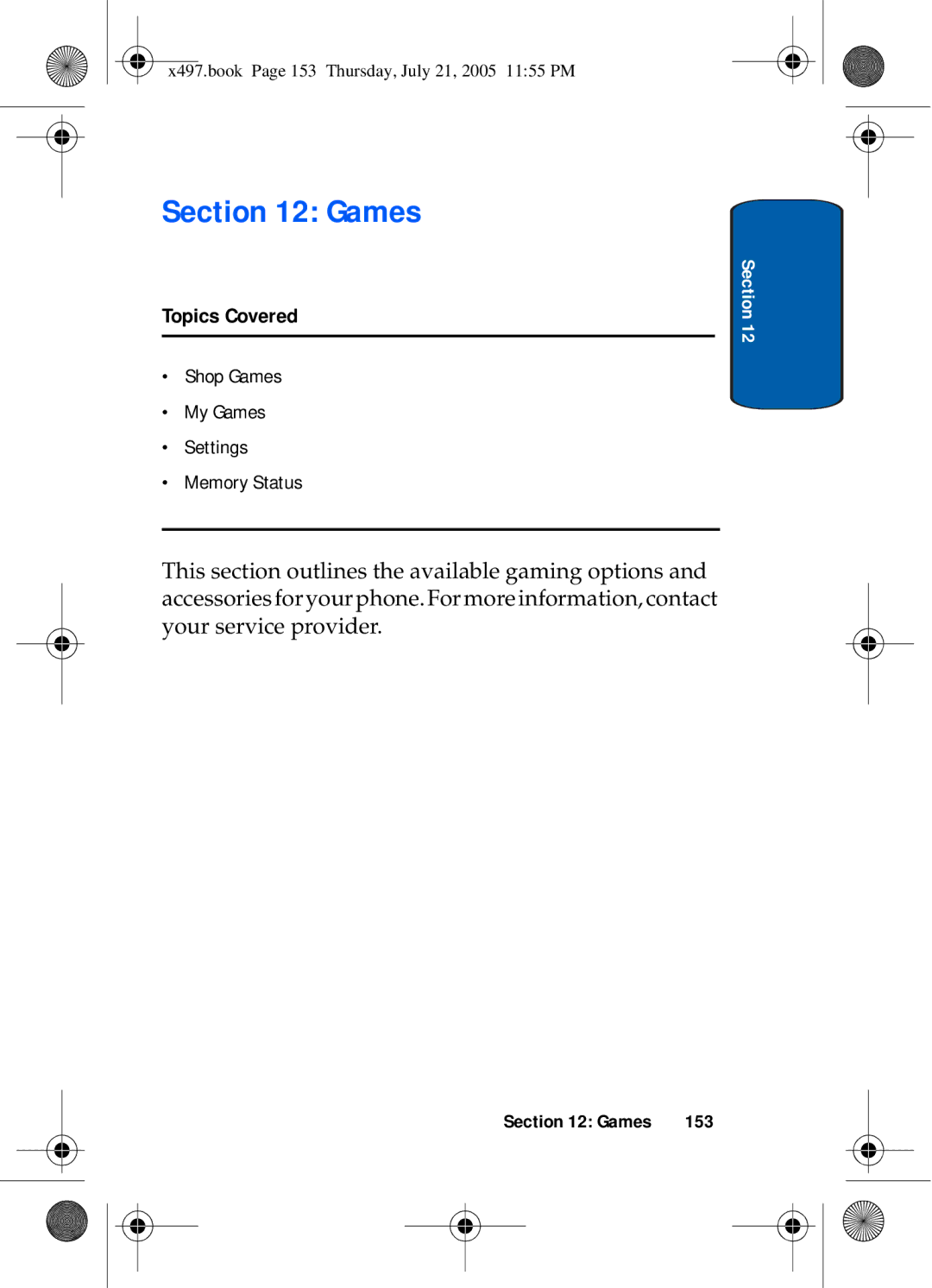 Samsung SGH-x497 manual Games, 153 