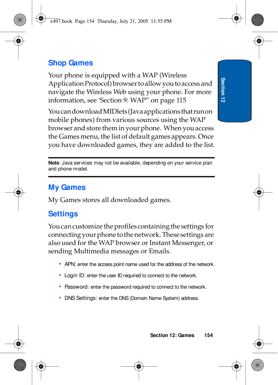 Samsung SGH-x497 manual Shop Games, My Games, 154 