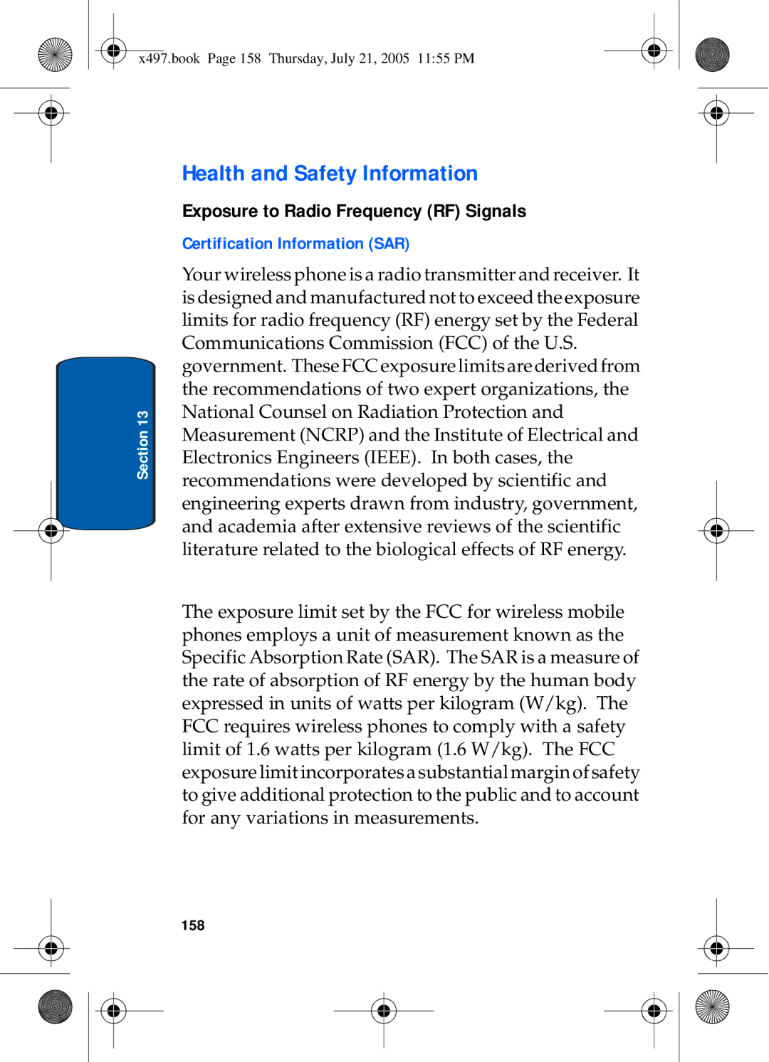 Samsung SGH-x497 Health and Safety Information, Exposure to Radio Frequency RF Signals, Certification Information SAR, 158 