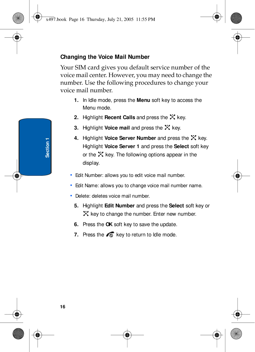 Samsung SGH-x497 manual Changing the Voice Mail Number 