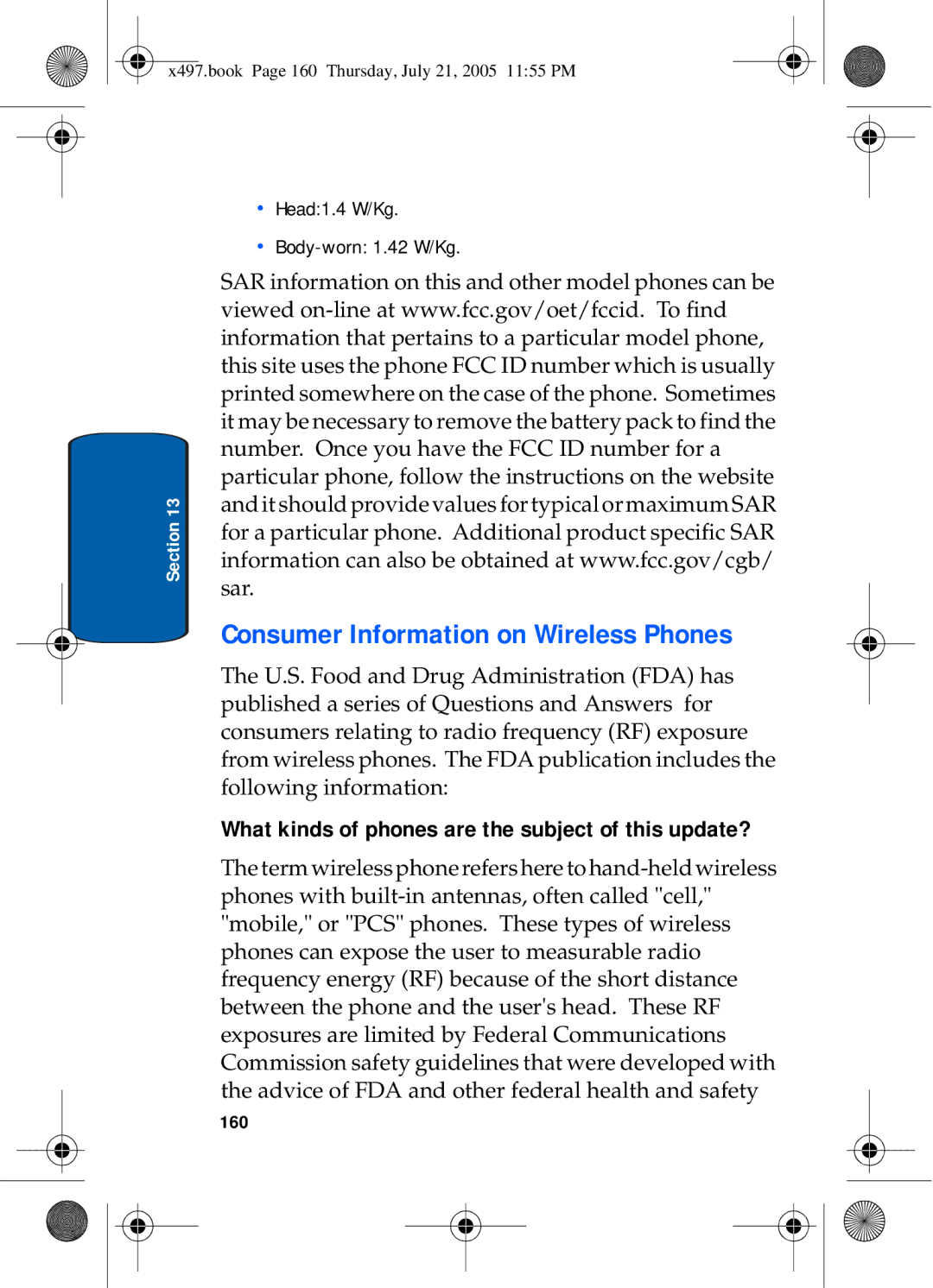 Samsung SGH-x497 manual Consumer Information on Wireless Phones, What kinds of phones are the subject of this update?, 160 