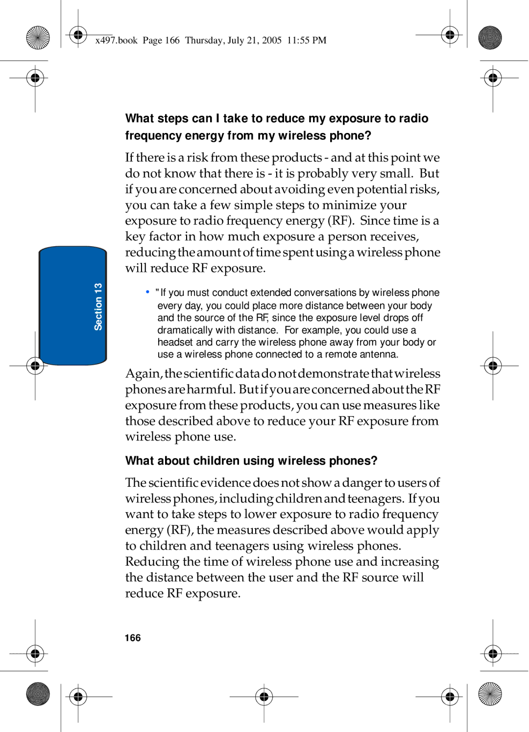 Samsung SGH-x497 manual What about children using wireless phones?, 166 