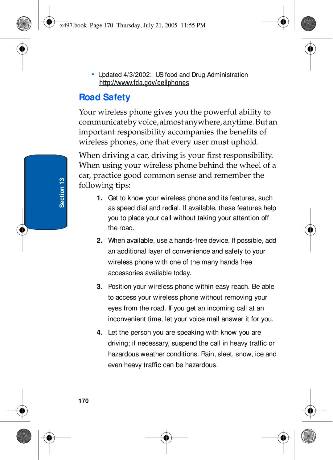 Samsung SGH-x497 manual Road Safety, 170 