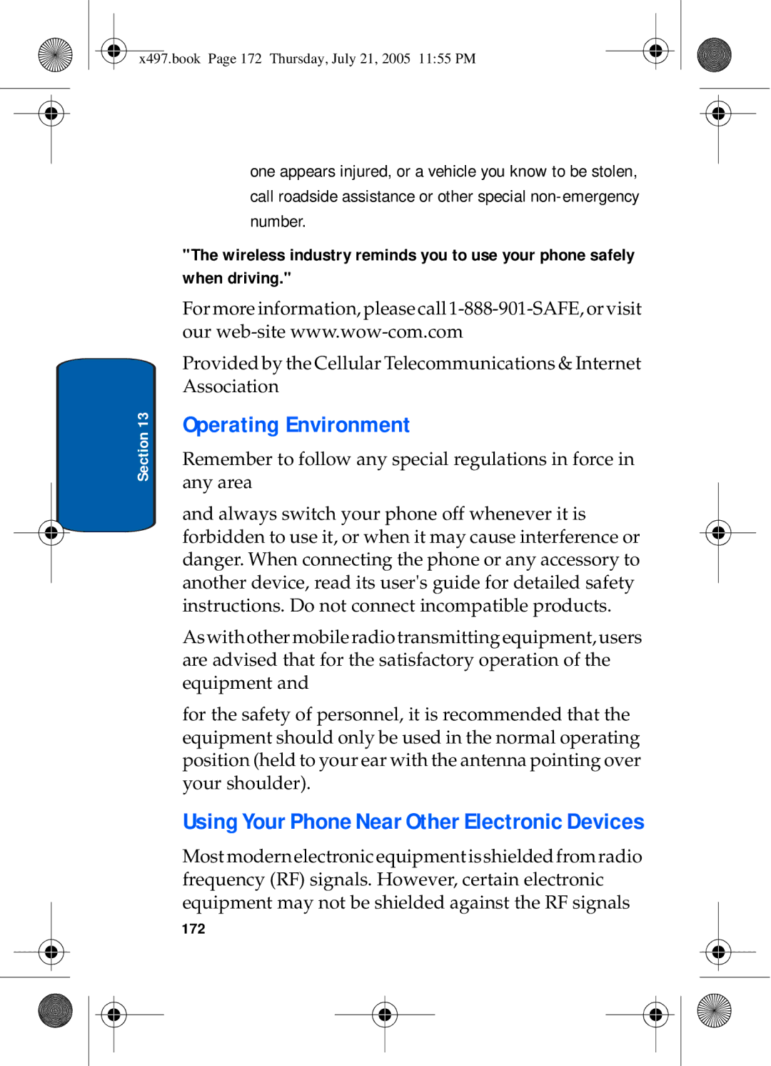 Samsung SGH-x497 manual Operating Environment, Using Your Phone Near Other Electronic Devices, 172 