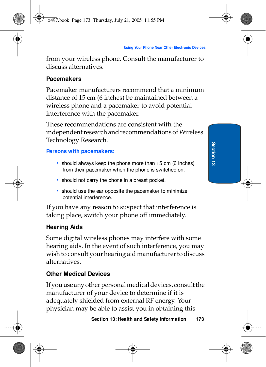 Samsung SGH-x497 manual Pacemakers, Hearing Aids, Other Medical Devices, Persons with pacemakers, 173 