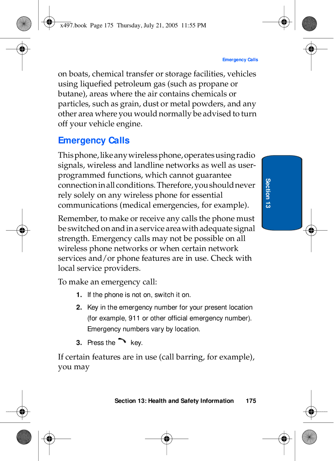 Samsung SGH-x497 manual Emergency Calls, If the phone is not on, switch it on, 175 