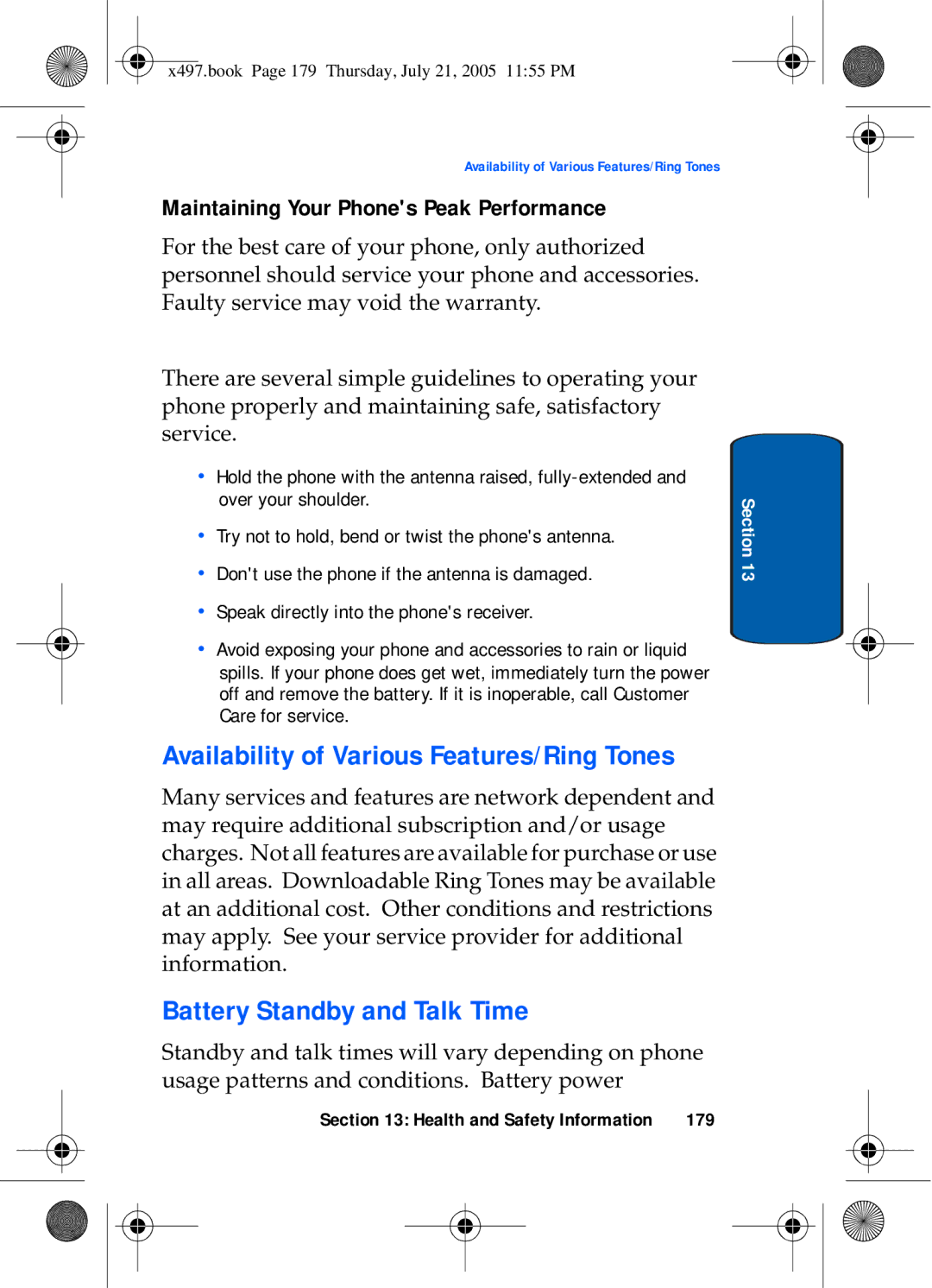 Samsung SGH-x497 manual Battery Standby and Talk Time, Maintaining Your Phones Peak Performance, 179 