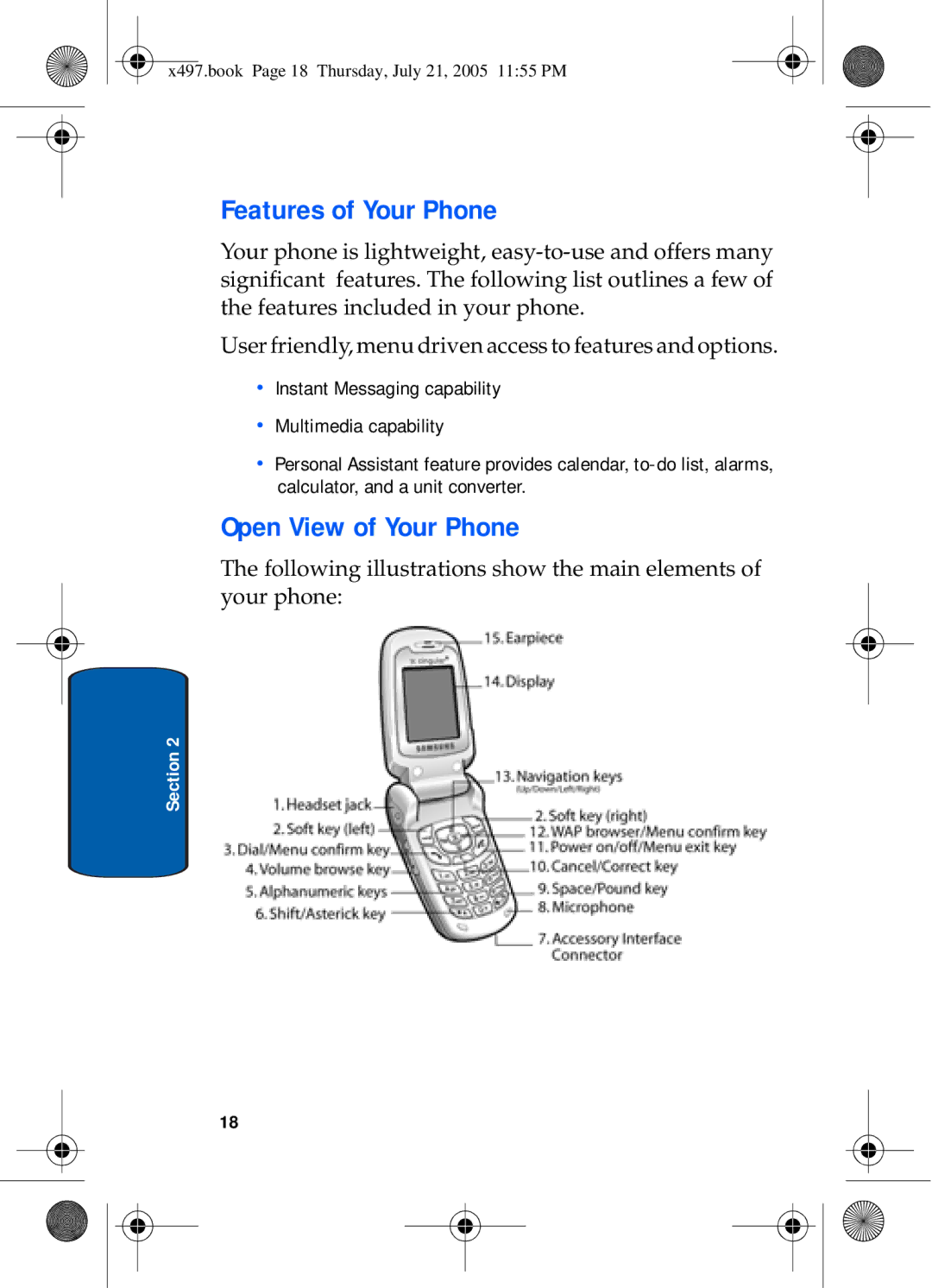 Samsung SGH-x497 manual Features of Your Phone, Open View of Your Phone 