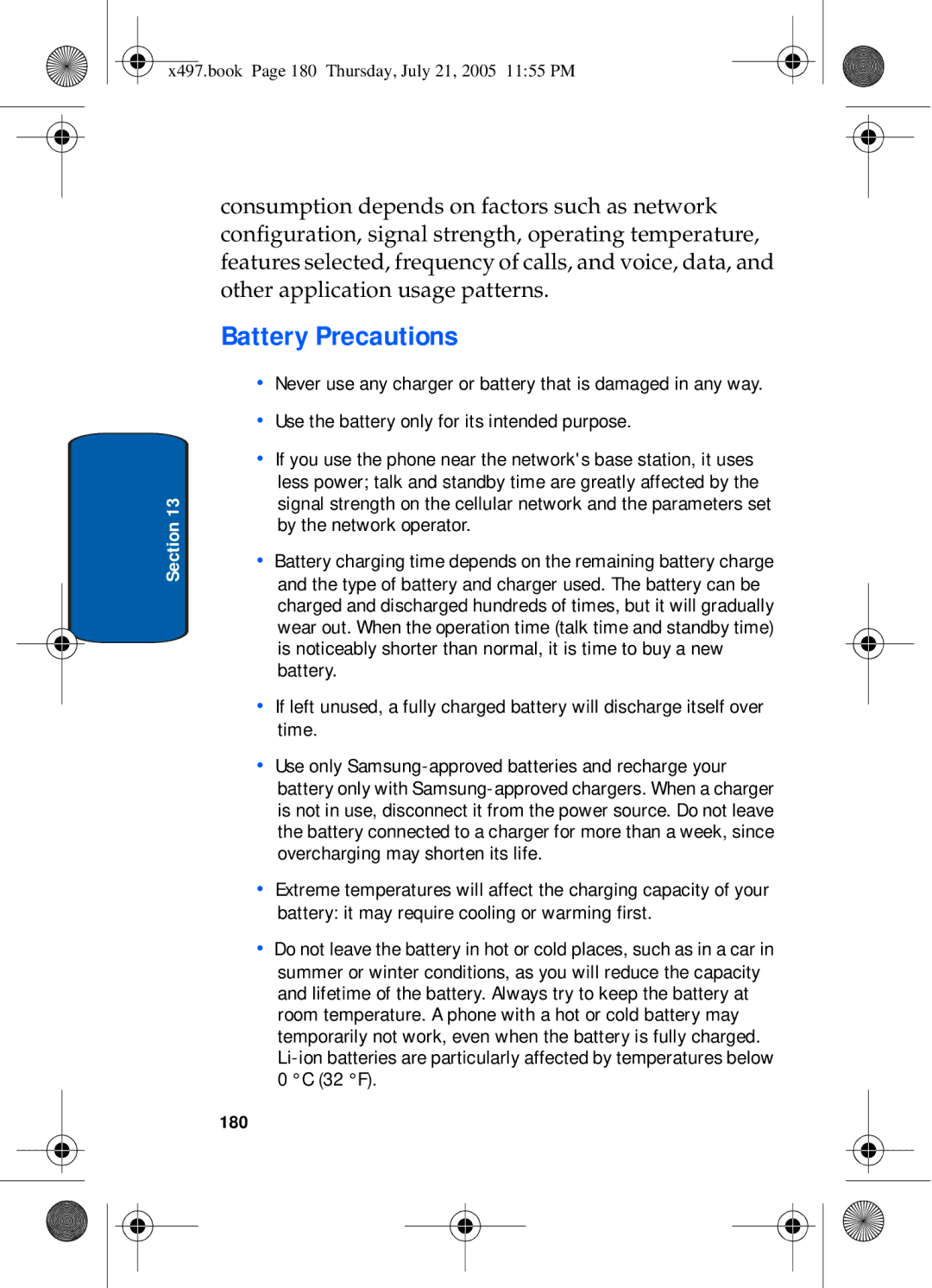 Samsung SGH-x497 manual Battery Precautions, 180 