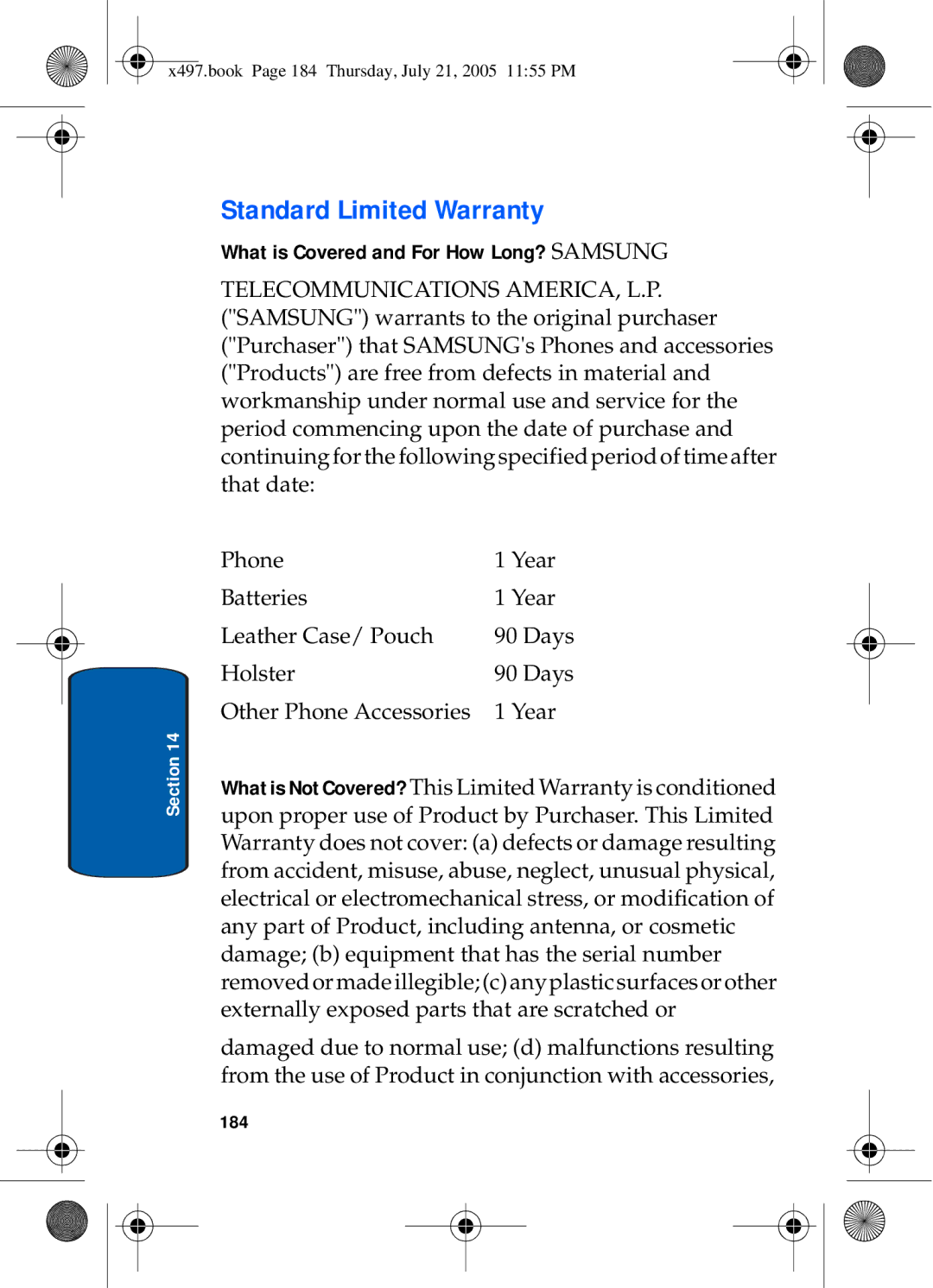 Samsung SGH-x497 manual Standard Limited Warranty, What is Covered and For How Long? Samsung, 184 