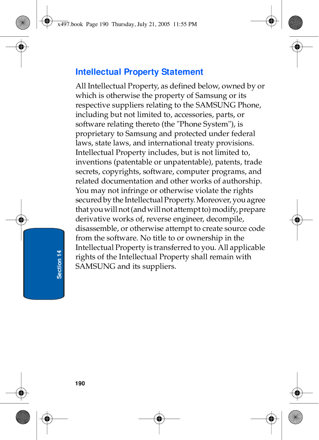 Samsung SGH-x497 manual Intellectual Property Statement, 190 