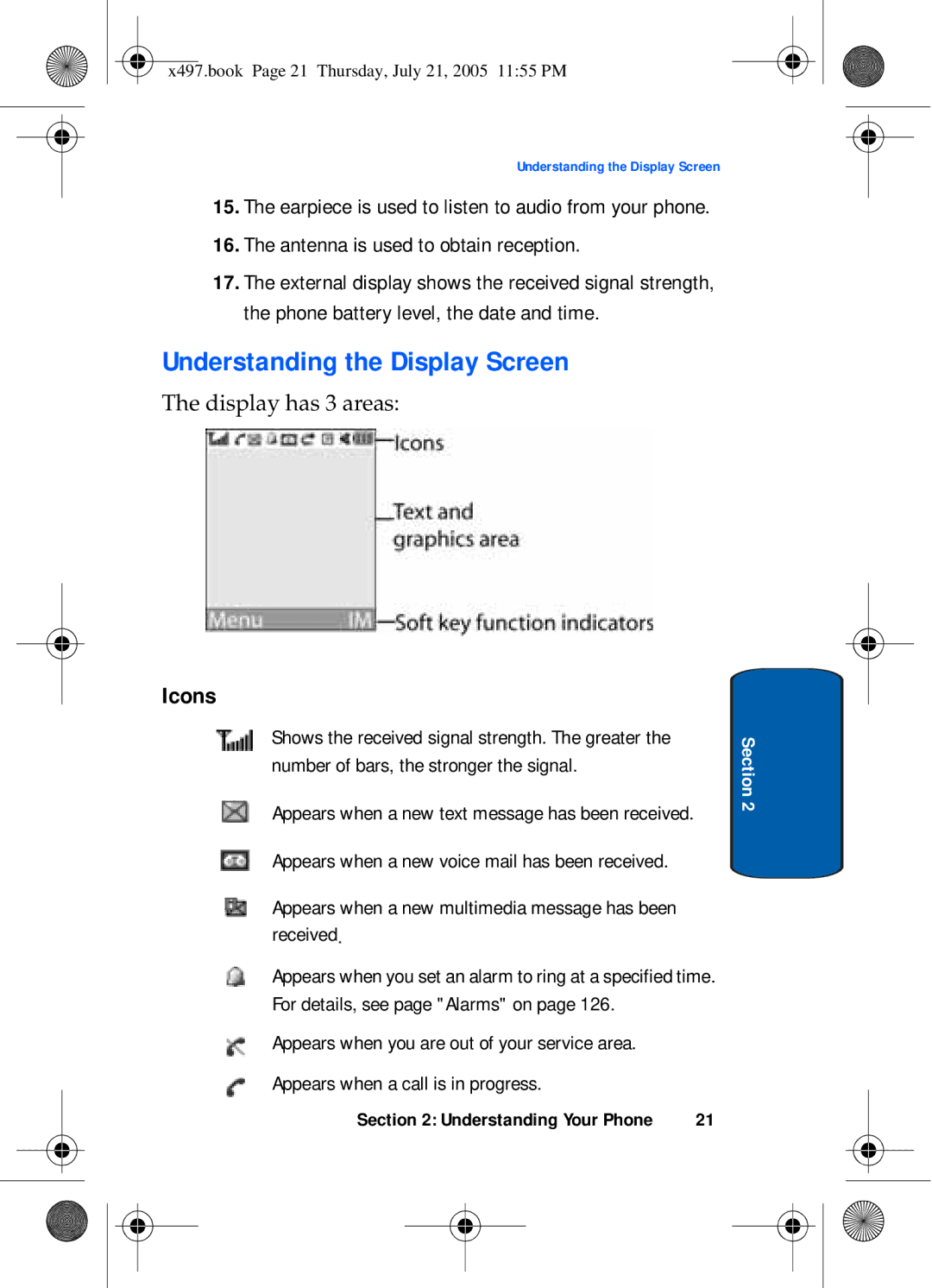 Samsung SGH-x497 manual Understanding the Display Screen, Icons, Antenna is used to obtain reception 