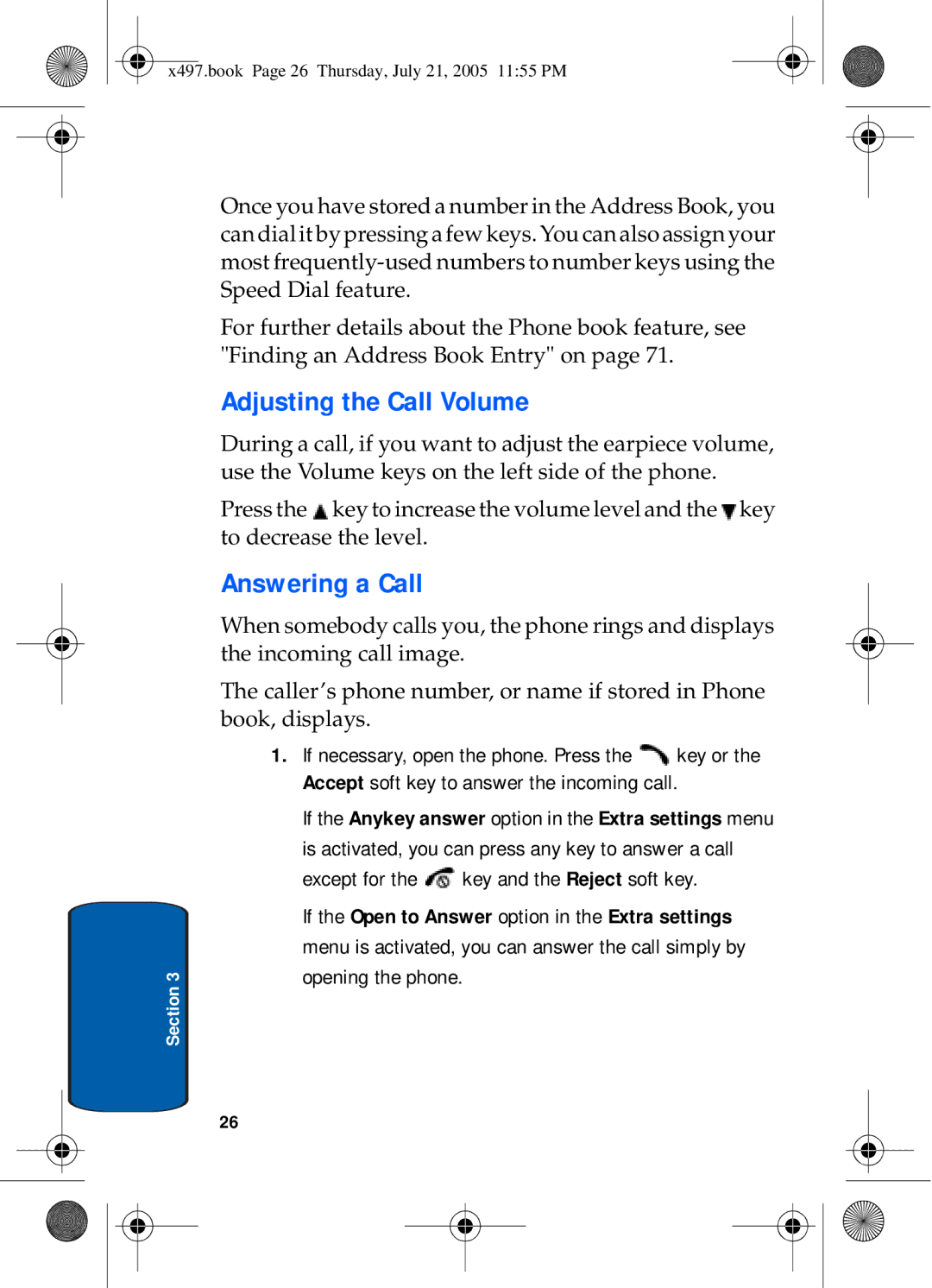 Samsung SGH-x497 manual Adjusting the Call Volume, Answering a Call 