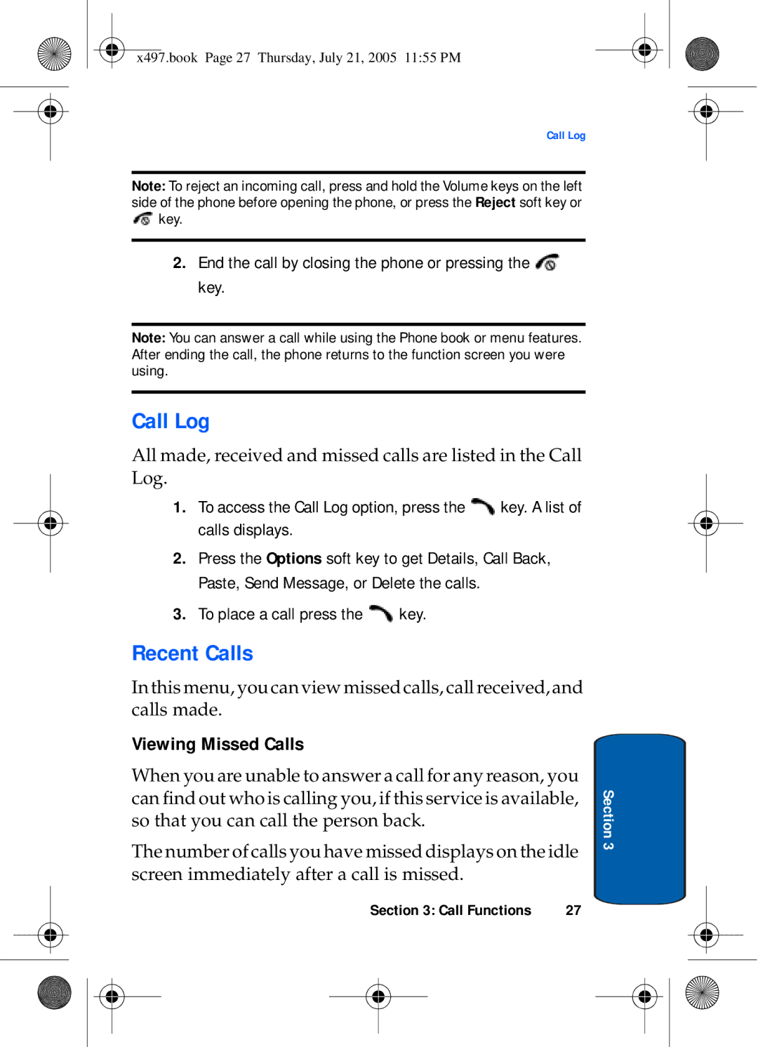 Samsung SGH-x497 manual Call Log, Recent Calls, Viewing Missed Calls, End the call by closing the phone or pressing the key 