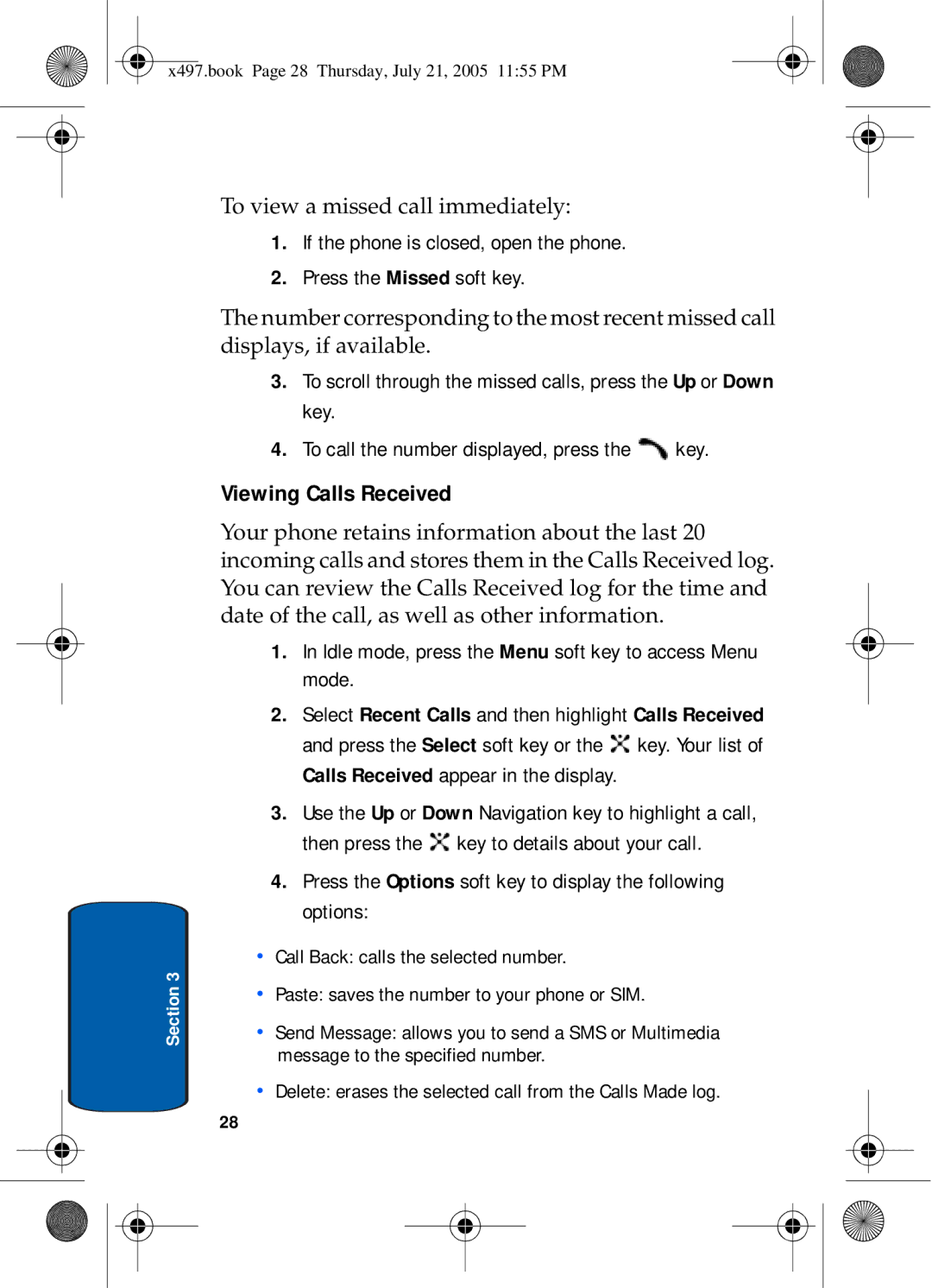 Samsung SGH-x497 manual Mode, Then press Key to details about your call, Options 