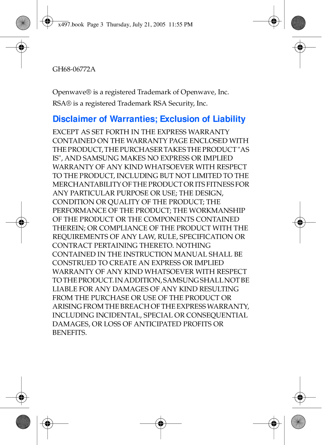 Samsung SGH-x497 manual Disclaimer of Warranties Exclusion of Liability 