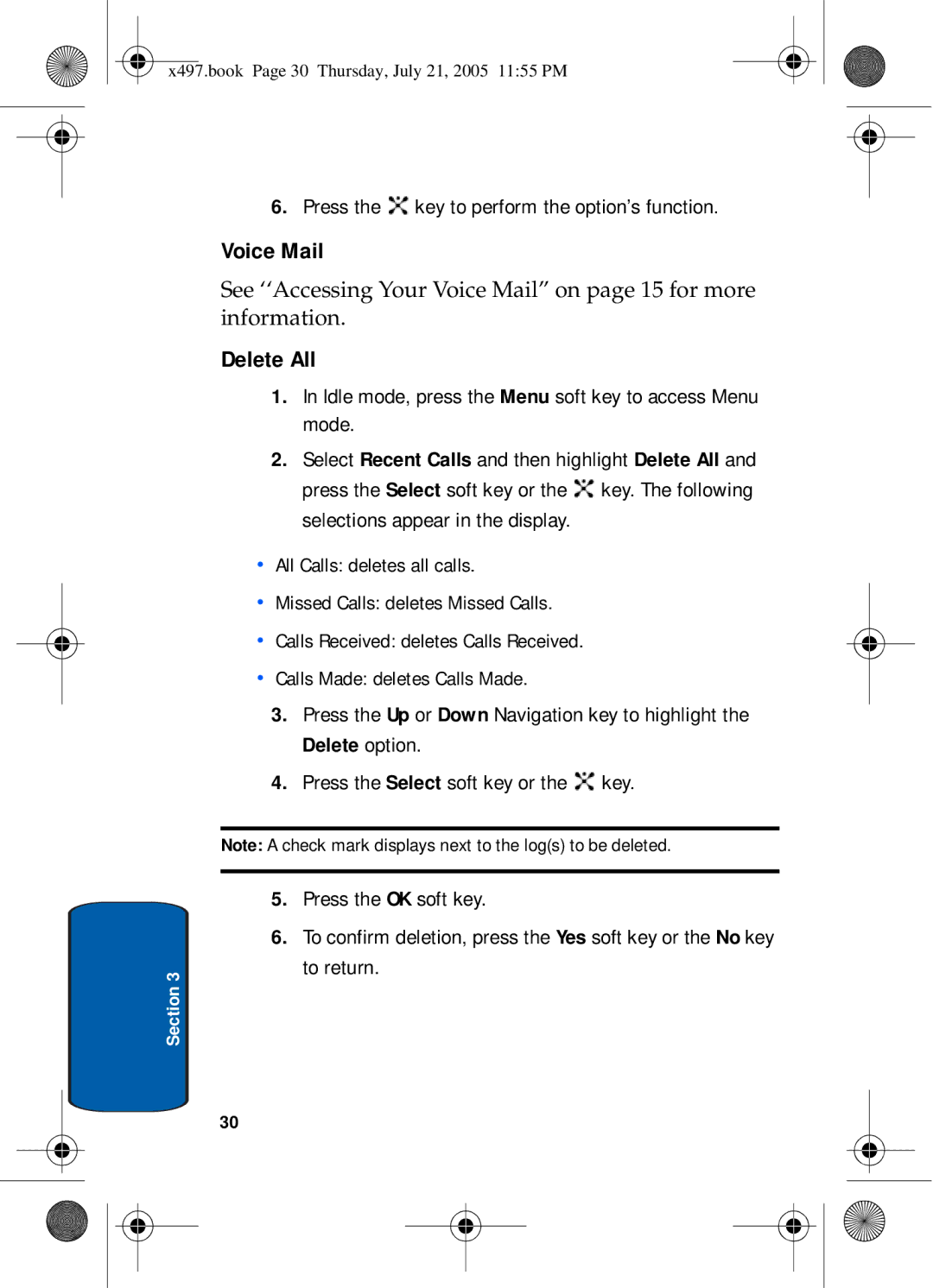 Samsung SGH-x497 manual Voice Mail, Delete All 