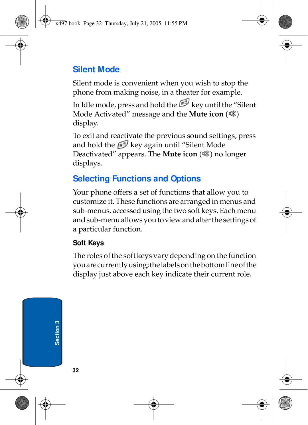 Samsung SGH-x497 manual Silent Mode, Selecting Functions and Options, Soft Keys 