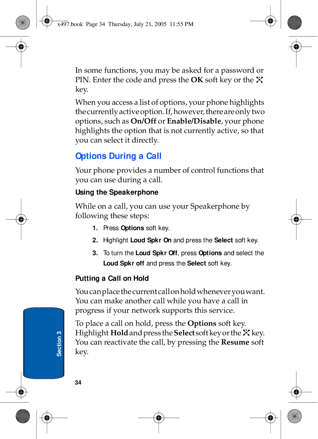 Samsung SGH-x497 manual Options During a Call, Using the Speakerphone, Putting a Call on Hold 